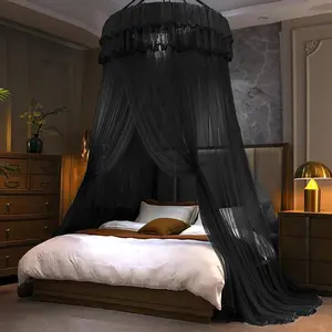 Mosquito Net Bed Canopy for Girls, Princess Canopy Bed Curtain Fine Sheer Mesh Dome Bed Canopies, Kids & Adults Lace Tent for Twin Full Queen King Bed (Black)