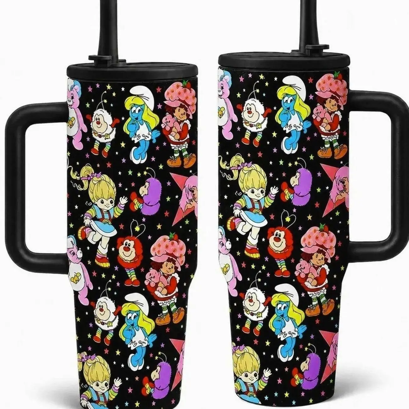 1pcs 40oz Vintage 80s Cartoon Collage Tumbler With Handle & Straw, Retro Rainbow Brite Smurfette Strawberry Shortcake Print Stainless Steel Insulated Travel Cup, Nostalgic Gift For 90s Fans, Insulated Drinkware
