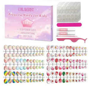 COLAYERIST 144-Piece Kids Nail Kit – Colorful Almond Fake Nails, Press-On with Jelly Glue for Girls 8-12, DIY Birthday & Holiday Fun