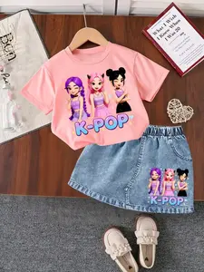 2PCS Super Cool Anime Style T-shirt   Denim Skirt. Features cartoon singing idol girl group print patterns, gentle and comfortable fabric, versatile for springumn. Perfect for attracting attention when your baby wears it to kindergarten or the playground!
