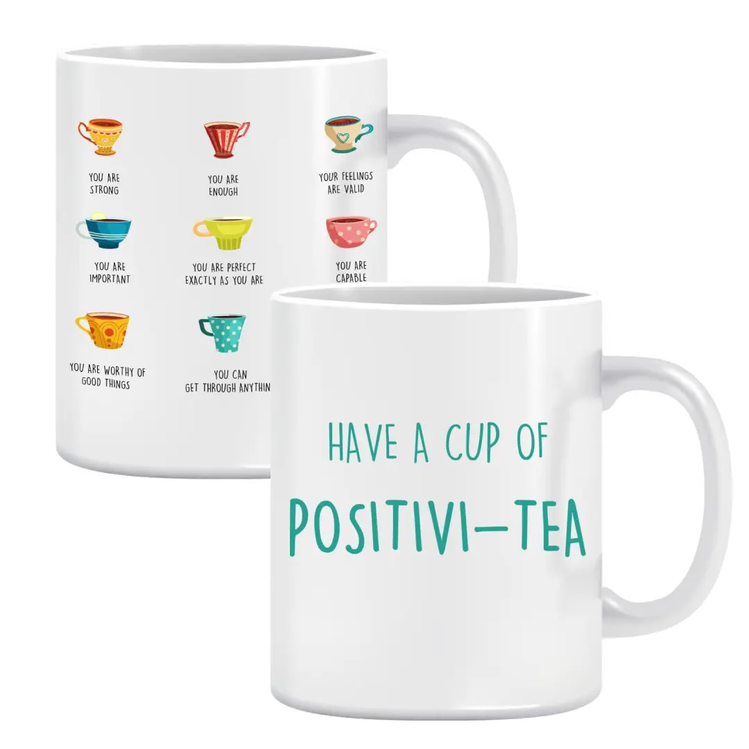 11oz Positivi-Tea Self Affirmation Ceramic Coffee Mug, Mental Health Self Regulation Tea Cup, Back to School Gift for Teacher Therapist Counselor Son Daughter, Positive Self-Talk Motivational Cup