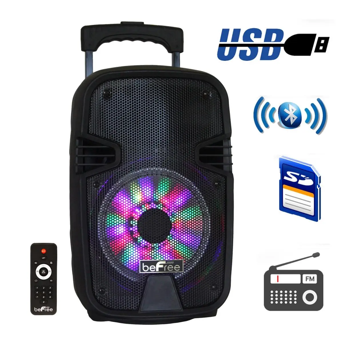 212 MAIN 8 in. Bluetooth Portable Party Speaker with Remote Control, Dolby Digital, USB/SD, Audio Playback, Reactive Lights, CD/DVD Compatibility & Power Watts Specs