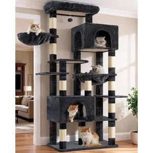Tree, 76-Inch Tall Heavy Duty  Tower for Big Cats with Extra Wide Baseboard, Multi-Level Large  Furniture with 2 Condos & 2 Hammocks, 10  Posts, Smoky Gray HCT039G