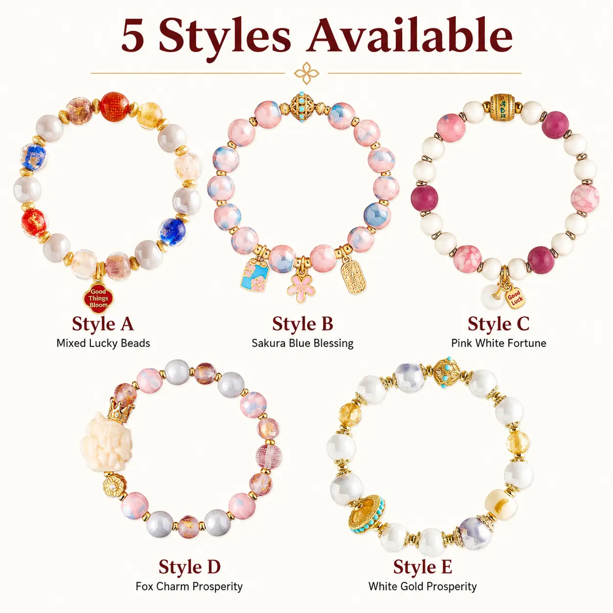 Women's Animal Fox Charm Prosperity Bracelet - Gold-Tone Metal Coating, Mixed Colors Beads (Pink,Blue,White,Gray), Adjustable 1 Size, Crown Detail, Lightweight Casual Spiritual Jewelry for Daily Wear & Gifting, Bracelet Stacking Ready, Female, Assorted Co
