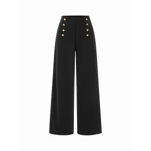 Cider Mid Rise Solid Metal Button Wide Leg Trousers