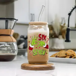 Trendy Christmas Grinch 67 Meme 16oz Glass Can Cup with Lid and Straw, Reusable Glass Drinking Cup, High-Quality Glass Jar for Iced Coffee, Hot Chocolate, Christmas Candy Cane & Holly Festive Glassware, Perfect Gift for 67 Meme & Christmas Fans