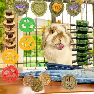 Rabbit Teething Chew Toy Hanging Timothy Hay Ball Apple Wood Stick Food Treats for Caged Guinea Pigs Chinchillas Hamsters Squirrels Gerbils Rats Parrots Pet Dental Care
