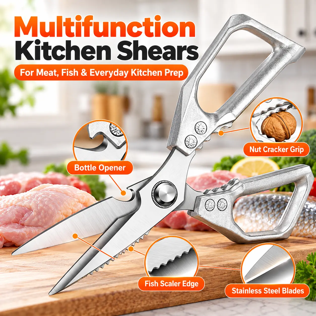 Multifunction Kitchen Scissors, Stainless Steel Kitchen Shears with Bottle Opener, Nut Cracker and Fish Scaler, Multipurpose Cooking Scissors for Meat, Chicken, Fish and Food Prep