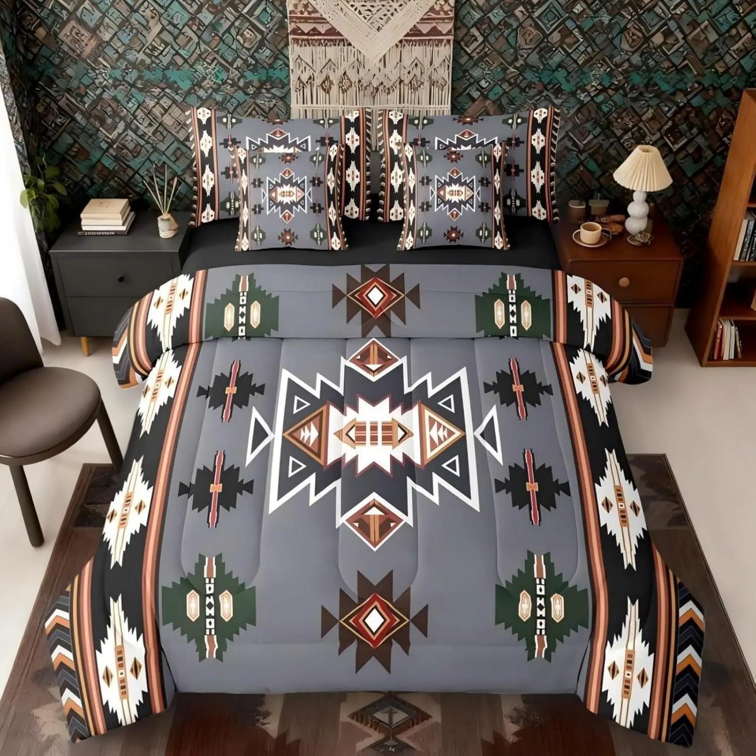 Feelyou 7-Piece Boho Western Aztec Bedding Set, Multi-Size Bed-in-a-Bag with Geometric Print Comforter & Bed Sheet Sets, Southwest Native Striped Triangle Diamond Design, Grey, Machine Washable, Boho Bed Set