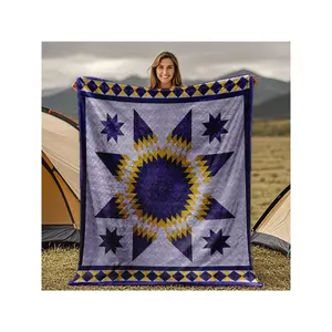 Vibrant Purple & Gold Star - Patterned Cozy Camping Blanket with Geometric Design for Outdoor Comfort
