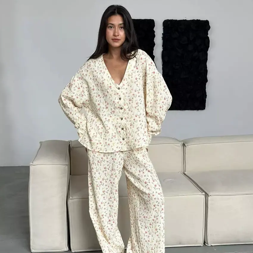Women's 100% Cotton Floral Two-Piece Pajama Set, V-Neck Button-Front Long-Sleeve Top and Full-Length Pants for Sleep and Lounging, Spring and Summer