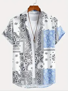 Men's Ethnic Pattern Short Sleeve Shirt, Boho Casual Floral Print Open Front Top for Summer, Fashion Men's Clothes for Daily Wear