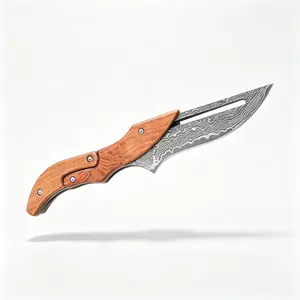 Damascus Steel Push Dagger - Wood-Handled EDC Utility Pocket Tool, Kitchen Accessory, Portable Fruit Cutter with Wooden Block
