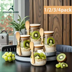 Glass Overnight Oats Jar with Wooden Spoon & Lid, 1 Set 12oz Glass Container for Cereal, Yogurt, Fruit, Food Storage Container for Home Kitchen Dining Room Picnic, Overnight Oats Containers, Bamboo Lids