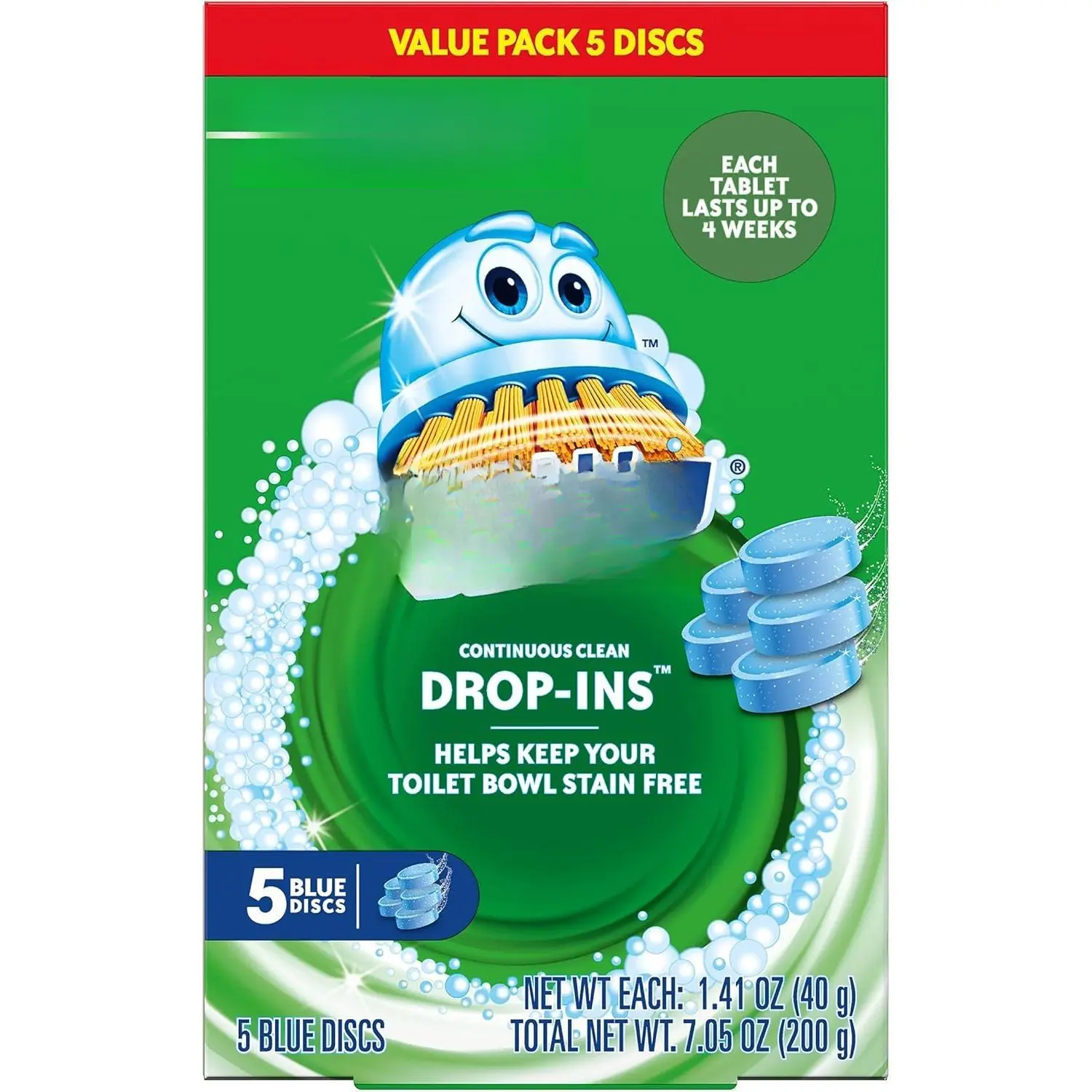 Household Toilet Cleaner Drop-In Disc Tablets, Stain-Resistant Formula, 4 Weeks of Protection Per Tablet, 5 Count (Pack of 1)