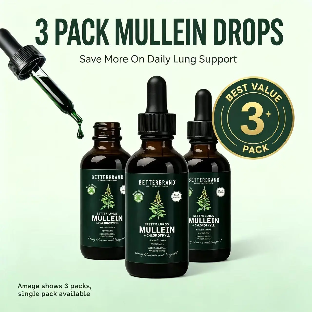 【3 Pack】Betterbrand Mullein Leaf & Chlorophyll Drops for Lung Detox & Mucus Cleanse - 30 Servings - Clinically Studied Natural Liquid Herbal Supplement for Respiratory Wellness