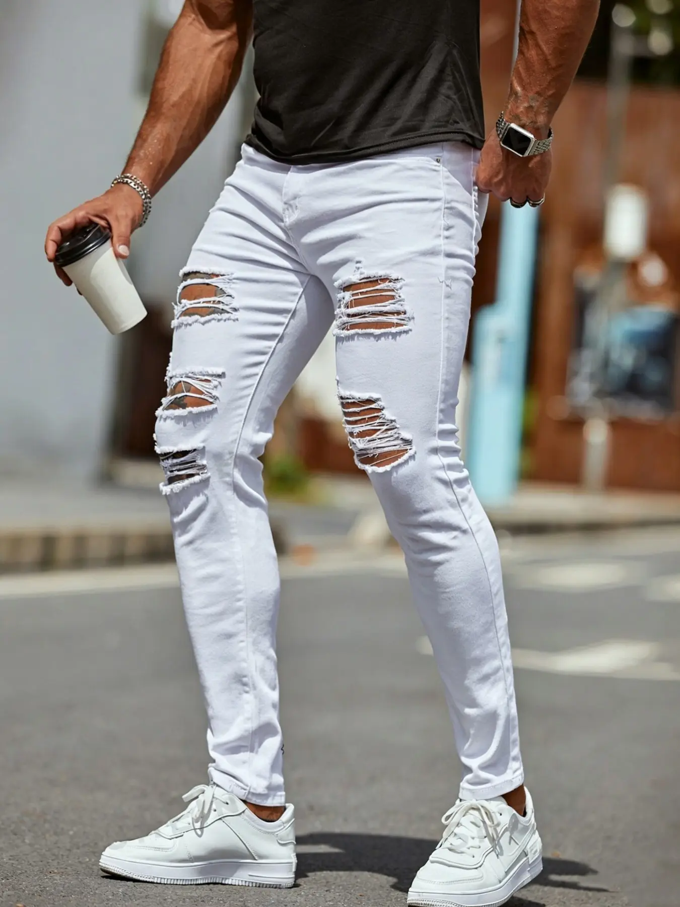 Men's White Stretch Ripped Denim Jeans Stretchy, Slim Skinny Fit, Frayed Vintage Design Streetwear, Must-Have for Street Style Pants, Menswear, Casual Fashion Denim, Distressed Denim Jeans