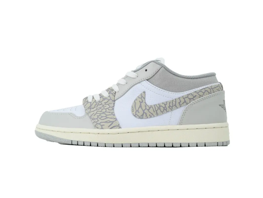 Vintage White Grey Contrast Elephant Print Low Top Sneakers For Men Retro Basketball Style Trainers Streetwear Hip Hop Casual Kicks Aged Cream Midsole Urban Outdoor Male Footwear