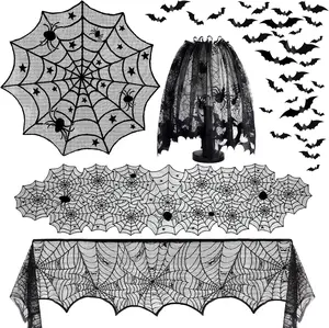 5Pack Halloween Decorations - Indoor Spider Web Tablecloth & Runners Lace Round Set Hand