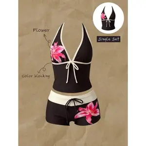 New women's spring/summer vintage-style printed halter neck bowknot tank top and bikini two-piece set，Clothes, Fabric, Sleeve, Womenswear, Bottoms, Festival, Plant, Polyester, Short, Short Sleeve