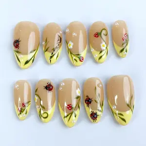 Ladybug Meadow Press-On Nails, 3D Ladybug & Tiny Wildflower Art, Soft Butter Yellow French Tips, Pearl Details, Garden Cottagecore Style, Handmade Custom Summer Nails, Nature Inspired Gift for Her