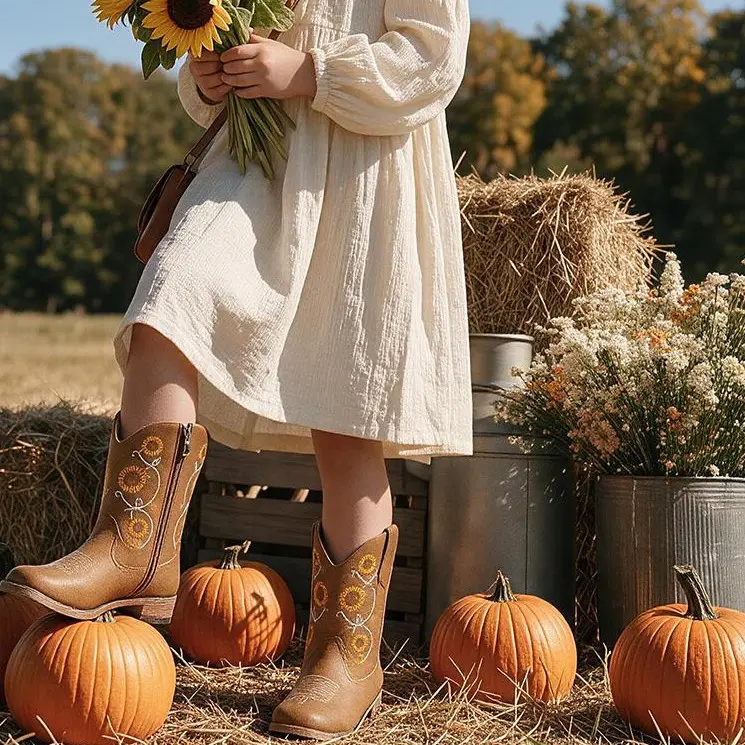 Girls' Western Cowboy Boots - Toddler to 12 Little Kid (10-11 Years Included), Sunflower Embroidery, Square Toe, Side Zipper, Rubber Sole, All Seasons, Party & Outdoor, Cowboy Aesthetic, Pairs with Jeans, Dresses, Skirts