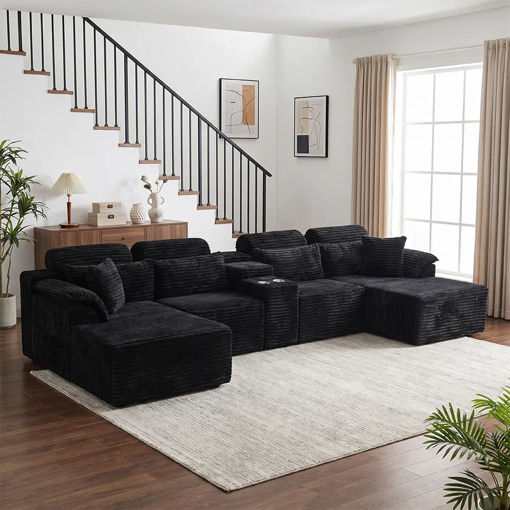147 Inch Oversized U-Shaped Modular Sectional Sofa, Boneless Vacuum Compressed No Assembly Corduroy Couch With Cup Holders & Storage Pockets, 4 Layout Convertible Sofa For Apartment Studio Rental Large Living Room