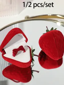 Cartoon Strawberry Ring Box, Creative Mini Engagement Jewelry Storage, Cute Velvet Earring and Ring Holder, Perfect Gift for Family and Friends