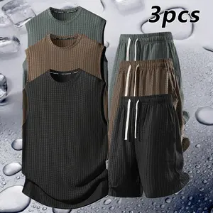 Men's 3-Piece Set Sleeveless Vest & Shorts Minimalist Casual Waffle Texture Breathable High Elastic Drawstring Waistband Summer Ice Silk Touch Comfortable mens  shapewear  usa