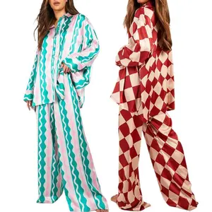 Women Checkerboard Print Loungewear Set Long Sleeve Lapel Button Down Shirt Tops Long Pants Oversized Sleepwear