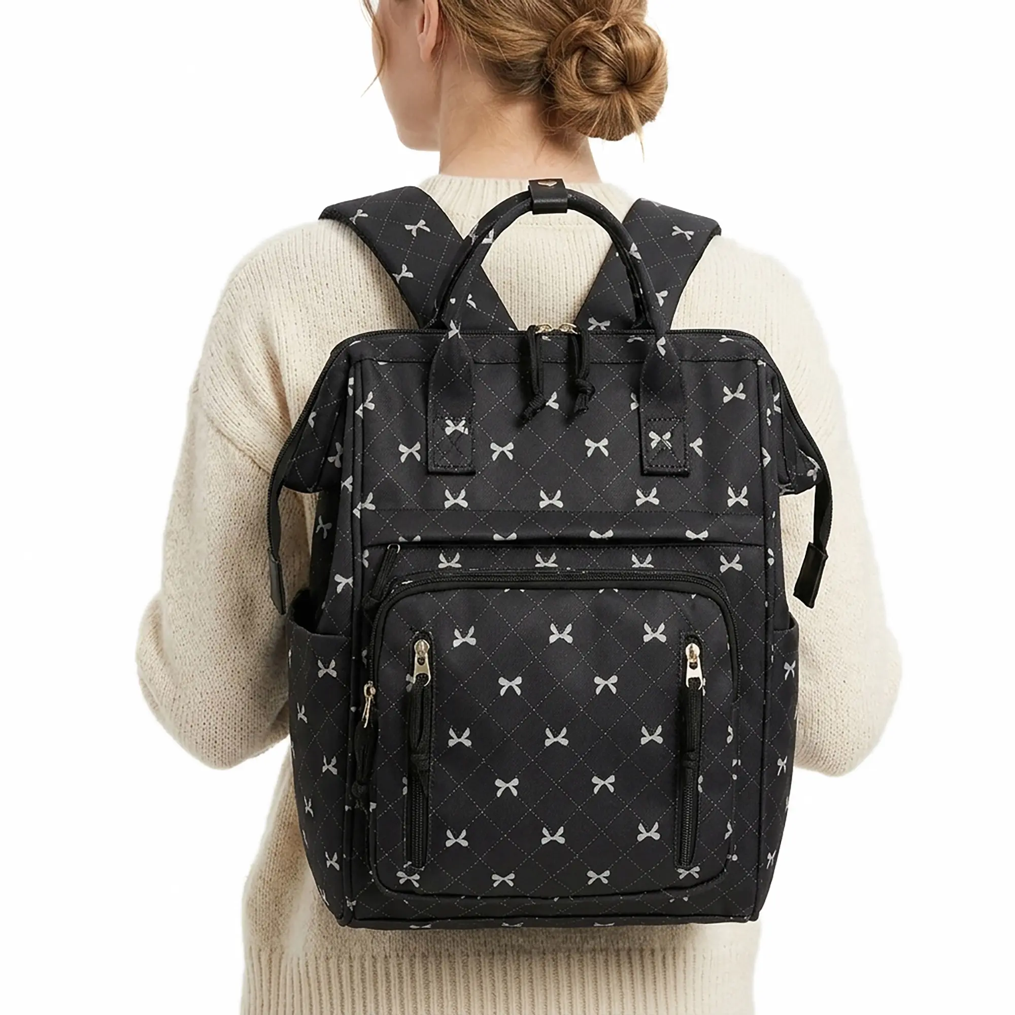 Large Capacity Bow Print Mummy Bag, Multi-Functional Waterproof Baby Backpack, Lightweight Diaper Bag, Multiple Compartments, Multifunctional Diaper Backpack