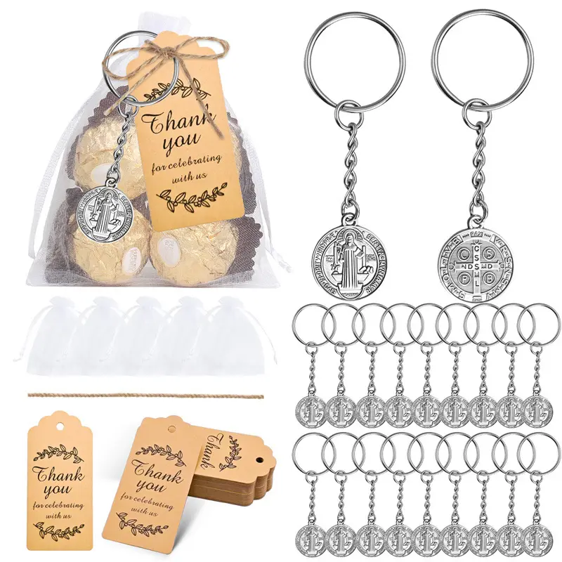 Benedict Medal Keychain, Key Accessories, Cross Protection Saint Pendant with Organza Bags Kraft Tag Jute Rope Pocket Prayer Medal Catholic Baptism Charms Religious Amulet Gift