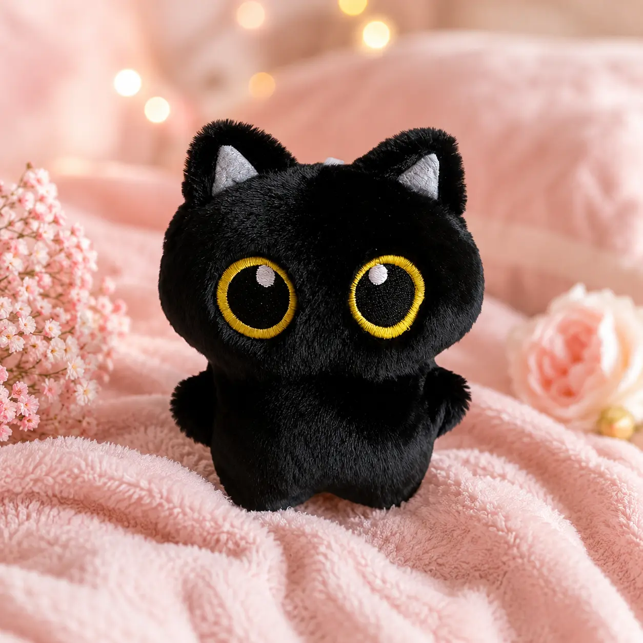 Cute Black Cat Stuffed Plush, Big-Eye Cat Plushie for Bedroom Decor, Huggable Toy Gift for Kids & Animal Fans