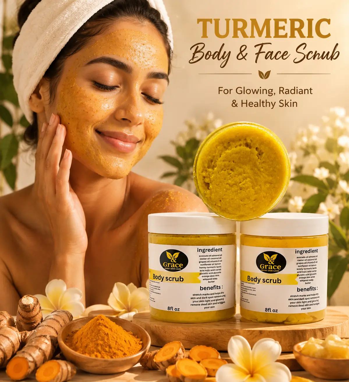 Turmeric Nourishing Scrub 280g - Infused with natural turmeric extract and moisturizing ingredients. Gently exfoliates while deeply hydrating the skin, leaving it smooth, supple, and radiant.