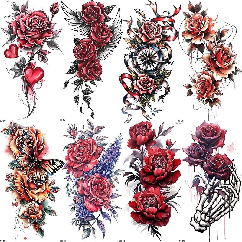 Elegant Rose Pattern Tattoo Stickers Set, Waterproof Sweatproof, Includes Roses Wings Butterflies Ribbons Skull Hands, Women Arm Body Art Decor