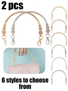 2-Pack Metal Handbag Handles - Durable Alloy Clutch Replacement Straps with Decorative Caps for Handmade Bag and Wallet Making | Elegant Gold/Silver Alloy Straps in 3 Stylish Designs | Suitable for Wallet Repair