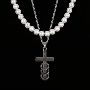Scripture Cross Stacked Necklace for Men, Double Loop 2-Piece Set with Bright Imitation Pearl & Metal Chain, Hypoallergenic Rust Proof Shiny Jewelry, Perfect for Summer Party, Beach or Daily Wear, Great Gift for Him