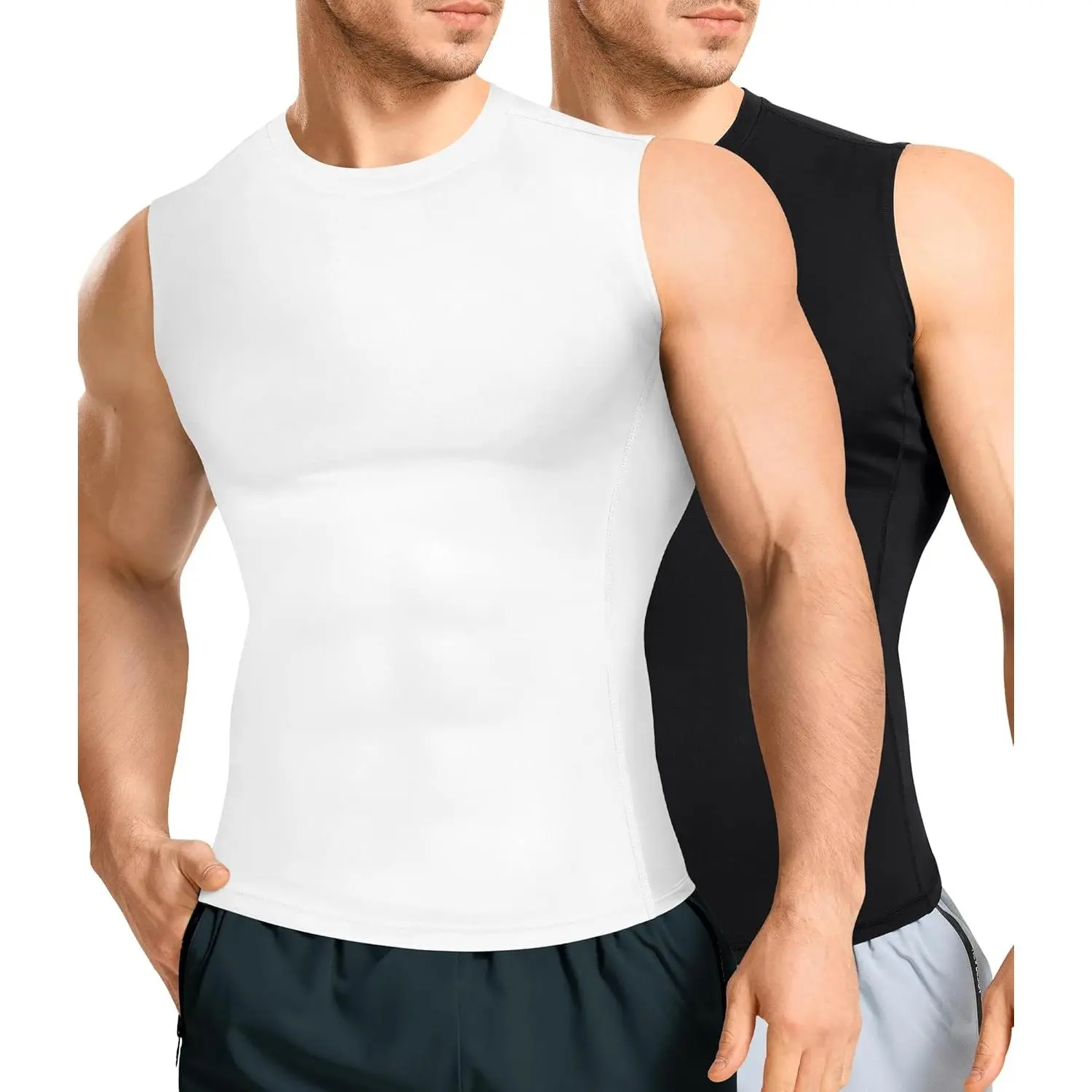 Male 2-Pack Compression Undershirts, Sleeveless Crew Neck Slim-Fit Tank Tops, Flat-Seam Stitching Stretch Fabric Athletic Base Layer, Moisture-Wicking for Football Training & Improved Performance, Biking, Daily Fitness Regimens, Muscle, Breathable, Baseba