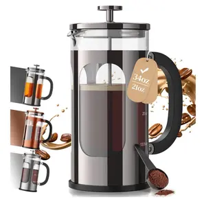 34oz French Press Coffee Maker - Thickened Glass Stainless Steel Brewer, No Plastic Contact, Compact Portable Wireless Home Kitchen Supplies, Outdoor Camping Bar Accessory, Dark Pewter
