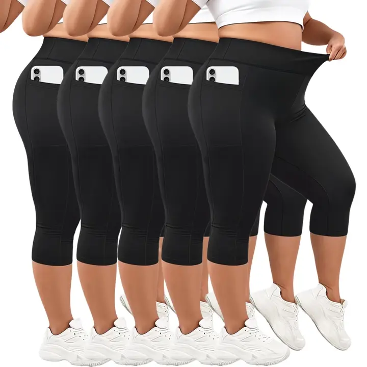 Leggings for Women - High Waisted Leggings Tummy Control Workout Capri Yoga Capris with Pockets Black Workout Leggings