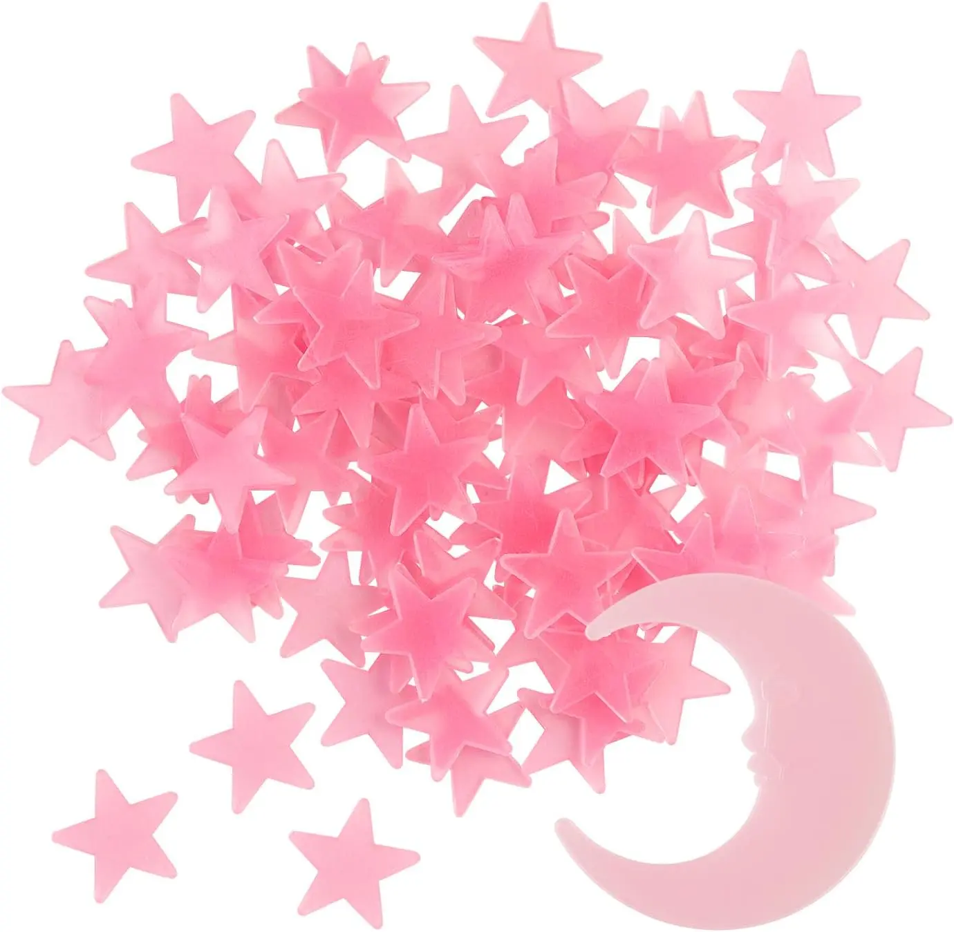 Pink Glow-in-the-Dark 3D Plastic Star & Moon Wall Stickers (100 Stars, 1 Moon) - Luminous Fluorescent Ceiling Decor for Realistic Starry Sky Room Accents