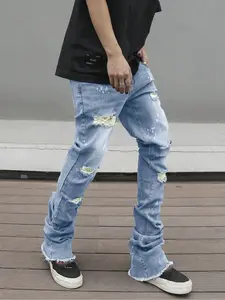 Men's Casual Street Fashion Ripped Distressed Flare Denim Jeans, Medium Wash, Comfortable Mid-Waist Button Fly, Fitted Plain Stylish Long Pants for Daily Wear Streetwear