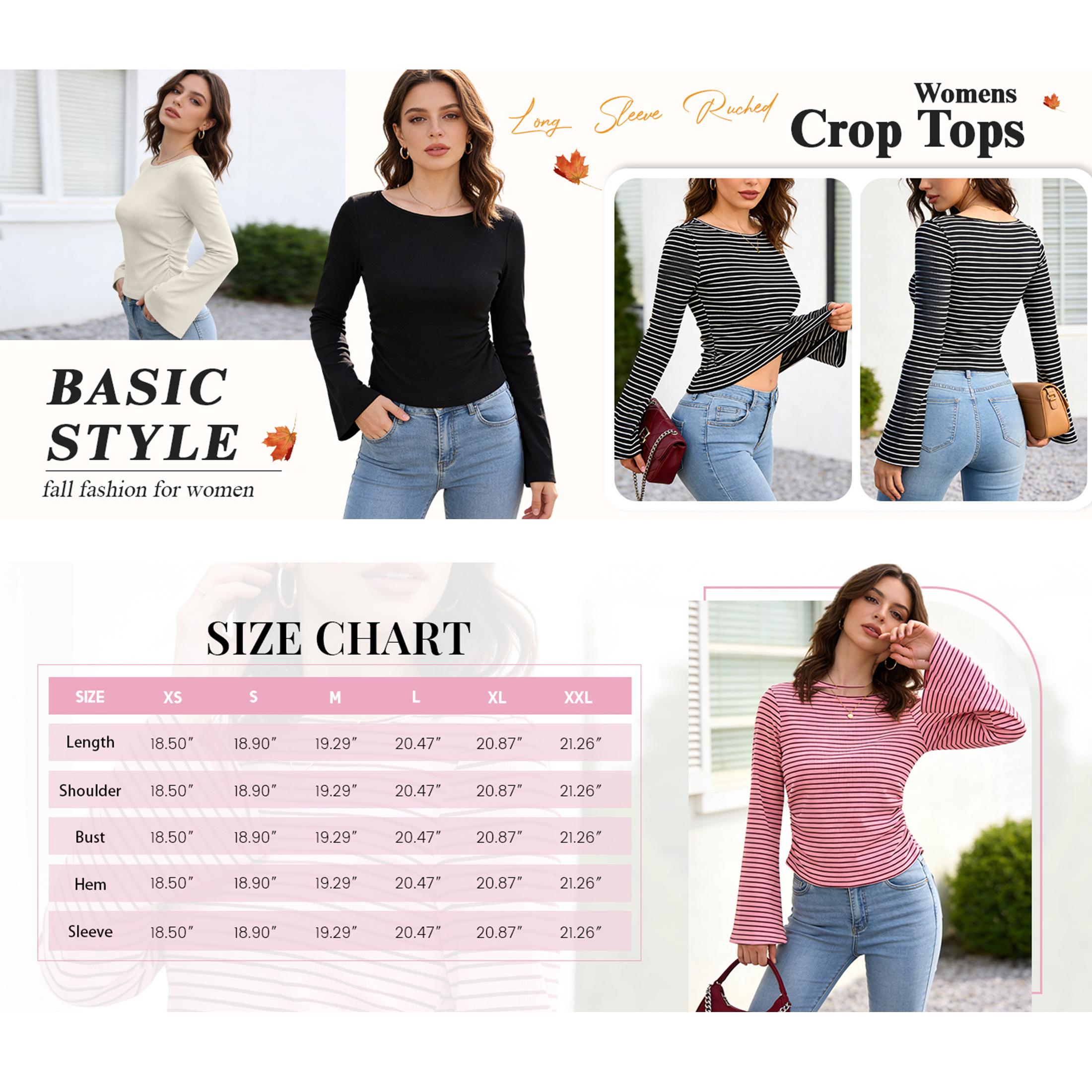 Mundoven Womens Long Sleeve Shirts 2026 Spring Crop Going Out Tops Casual Boat Neck Bell Sleeve Ribbed Ruched Y2K Clothes