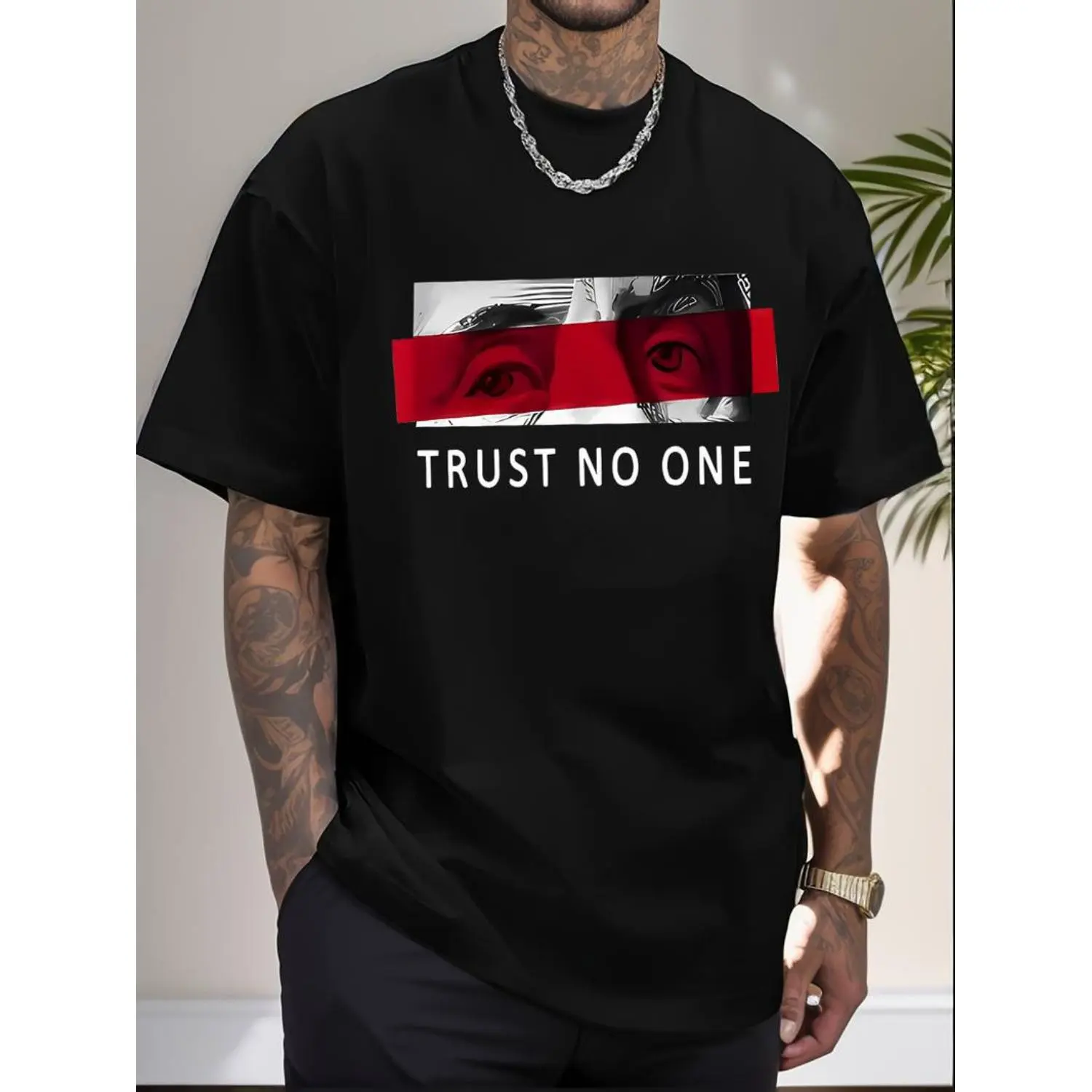 Men's "Trust No One" Graphic T-Shirt, All-Over Red & Black Striped Print, 100% Cotton Classic Silhouette Tee, Short Sleeve Loose Fit Top, Cotton Fabric, Vivid Images And Graphics, Clothes, Graphic Print, Chic
