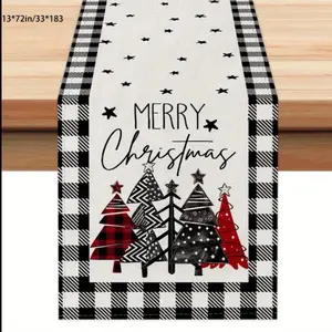 Christmas Table Runner - Rectangular Polyester Knit Fabric Table Path with Merry Christmas Design, Indoor Holiday Table Decoration for Family Gatherings