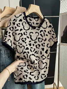 Women's Leopard Print Round Neck Fitted Sweater, Casual Short Sleeve Knitwear for Spring Summer Fall, Comfortable Warm Daily Wear Womenswear