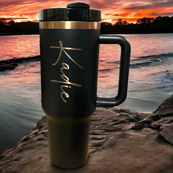 Custom Laser Engraved Tumbler with Handle, Personalized Name Insulated Stainless Steel Travel Mug, Unique Custom Gift