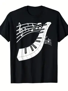 Men'S Piano Keyboard & Music Notes Graphic T-Shirt - Piano Keys & Treble Clef Design, Soft Breathable Retro Music Lover Tee for Casual Casual Attire, Concerts & Piano Practice - All-Season Comfort Round Neck Short Sleeve Shirt