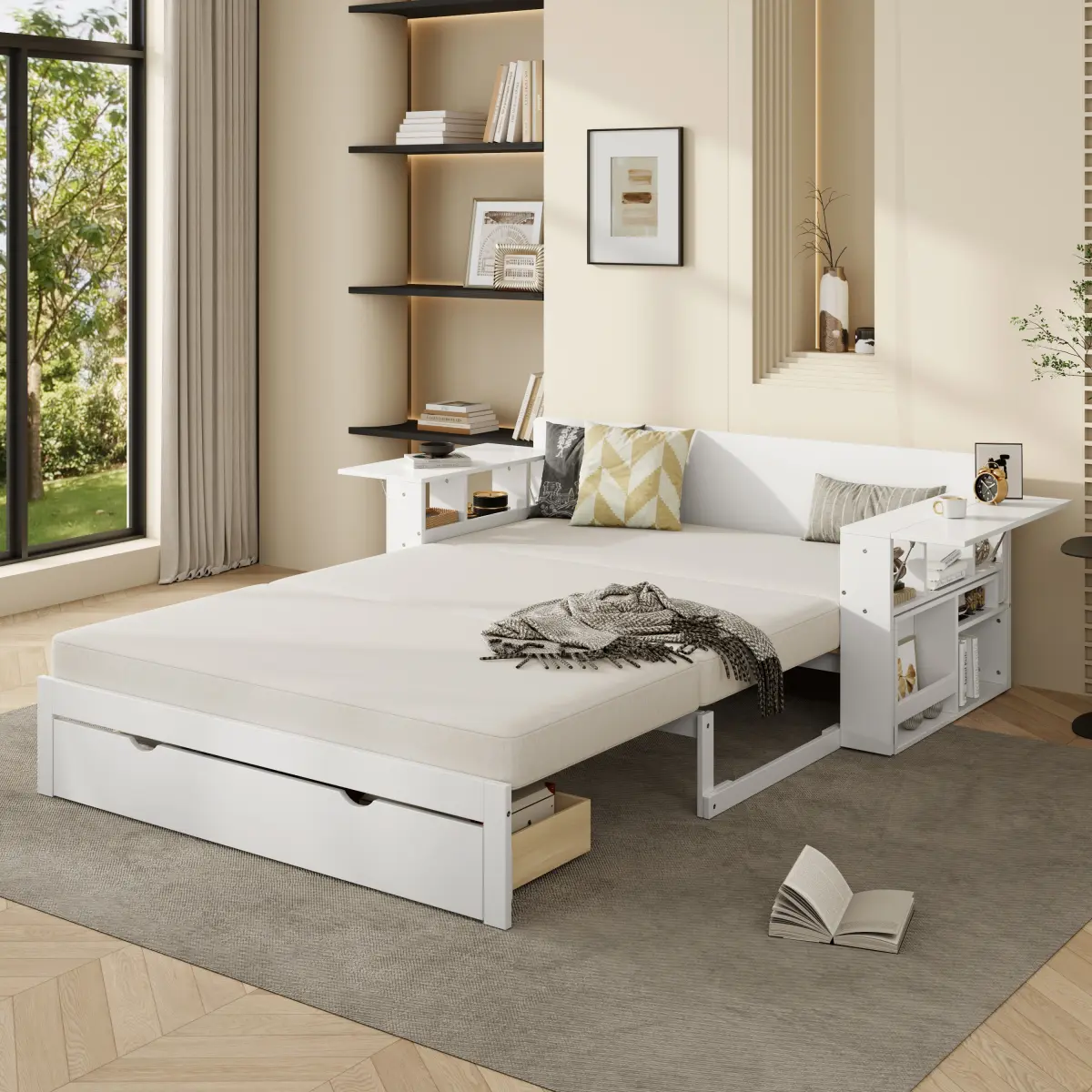 Extendable Daybed with Trundle and Drawers, Full Size Platform Sofa Bed Frame with Removable Desk, for Teens Adults/No Box Spring Needed
