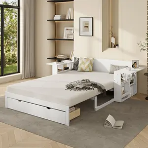 Extendable Daybed with Trundle and Drawers, Full Size Platform Sofa Bed Frame with Removable Desk, for Teens Adults/No Box Spring Needed